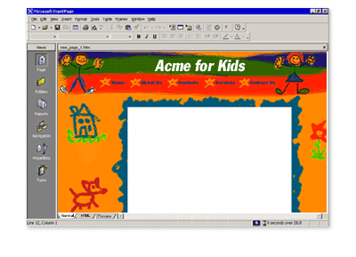 Screenshot of the Acme For Kids web site in FrontPage