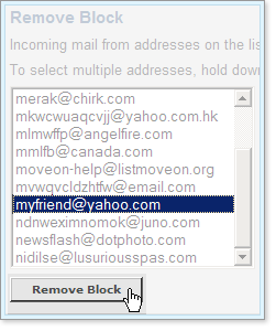 Select any address to block, then click the Remove Block button.