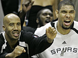 rom left, San Antonio Spurs forward Bruce Bowen, Tim Duncan and Michael Finley react. (AP Photo/Eric Gay)